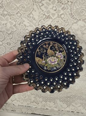 Vintage Cobalt Blue Peacock Decorative Plate Japan